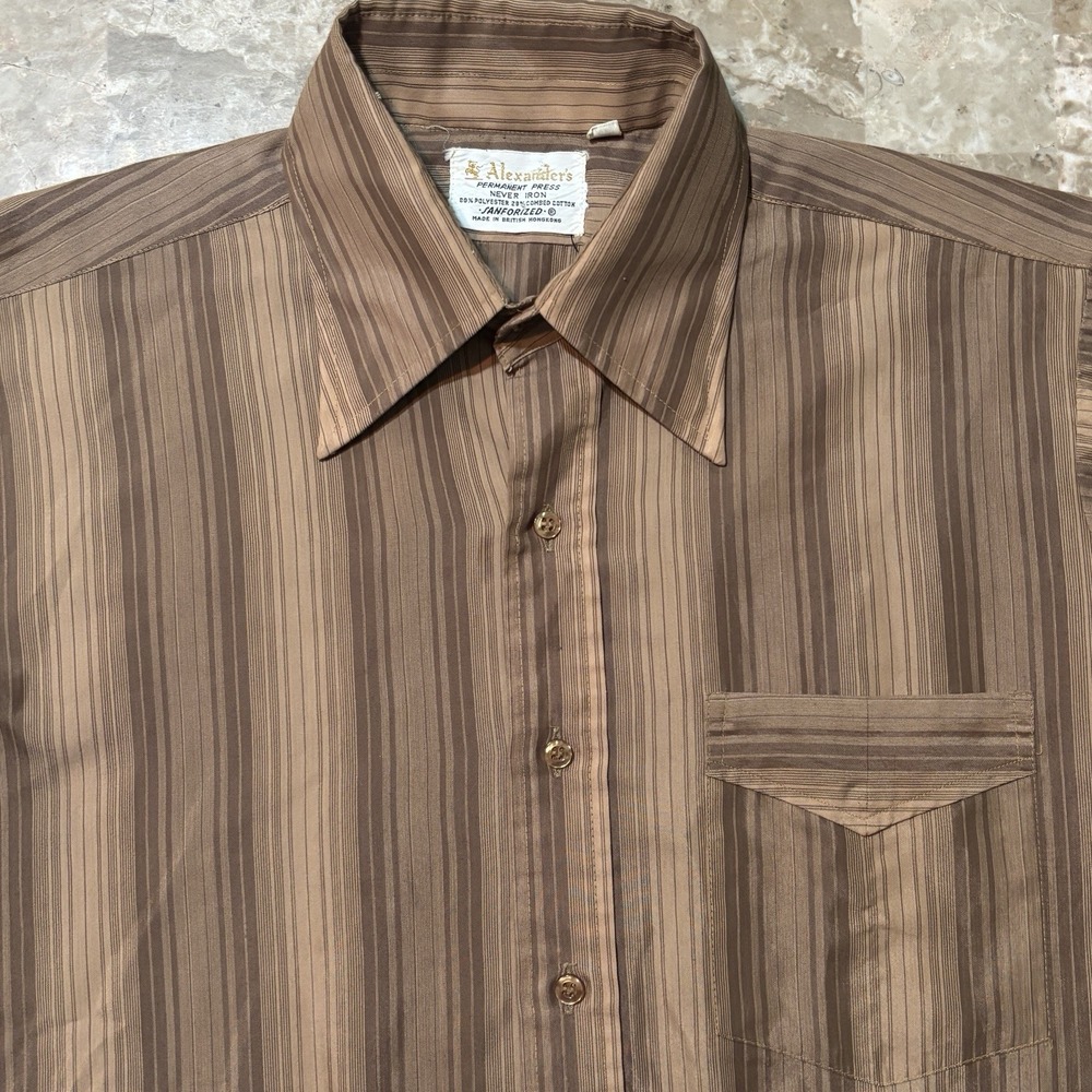 Vintage Sanforized Shirt Mens 15.5 Large Brown Perma Press Dagger Collar Poly
